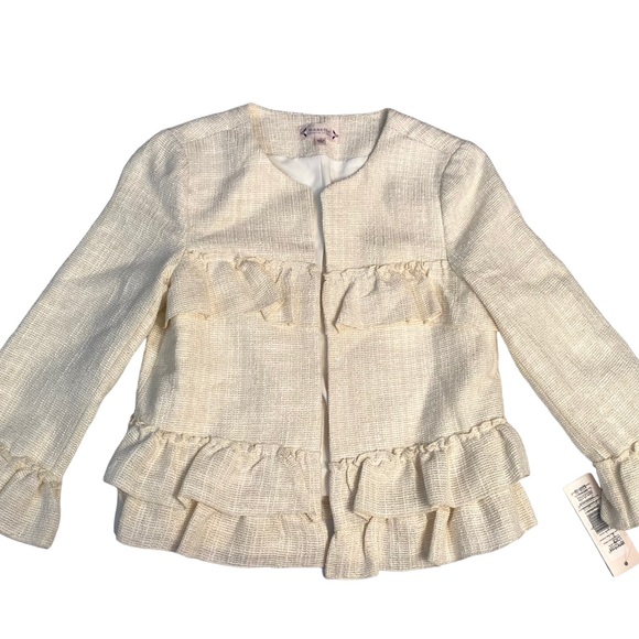 NANETTE LEPORE Ivory Tweed Ruffle Skirt Suit Set Blazer Preppy Metallic - Picture 2 of 12